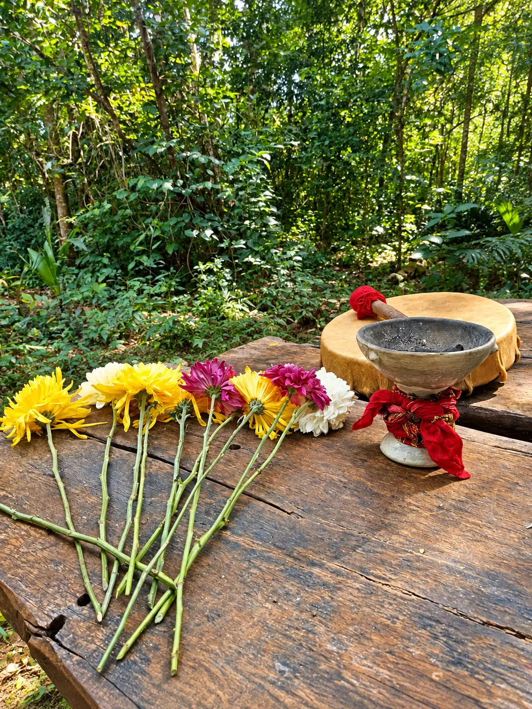 Altar ceremonial en la selva con tambor y copalera